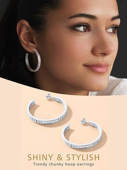 FindChic Silver Hoop Earrings for Women Stainless Steel Hoops with Cubic Zirconia Inlaid Birthday Mothers Day Jewelry Gifts Her Mom Wife, 80mm