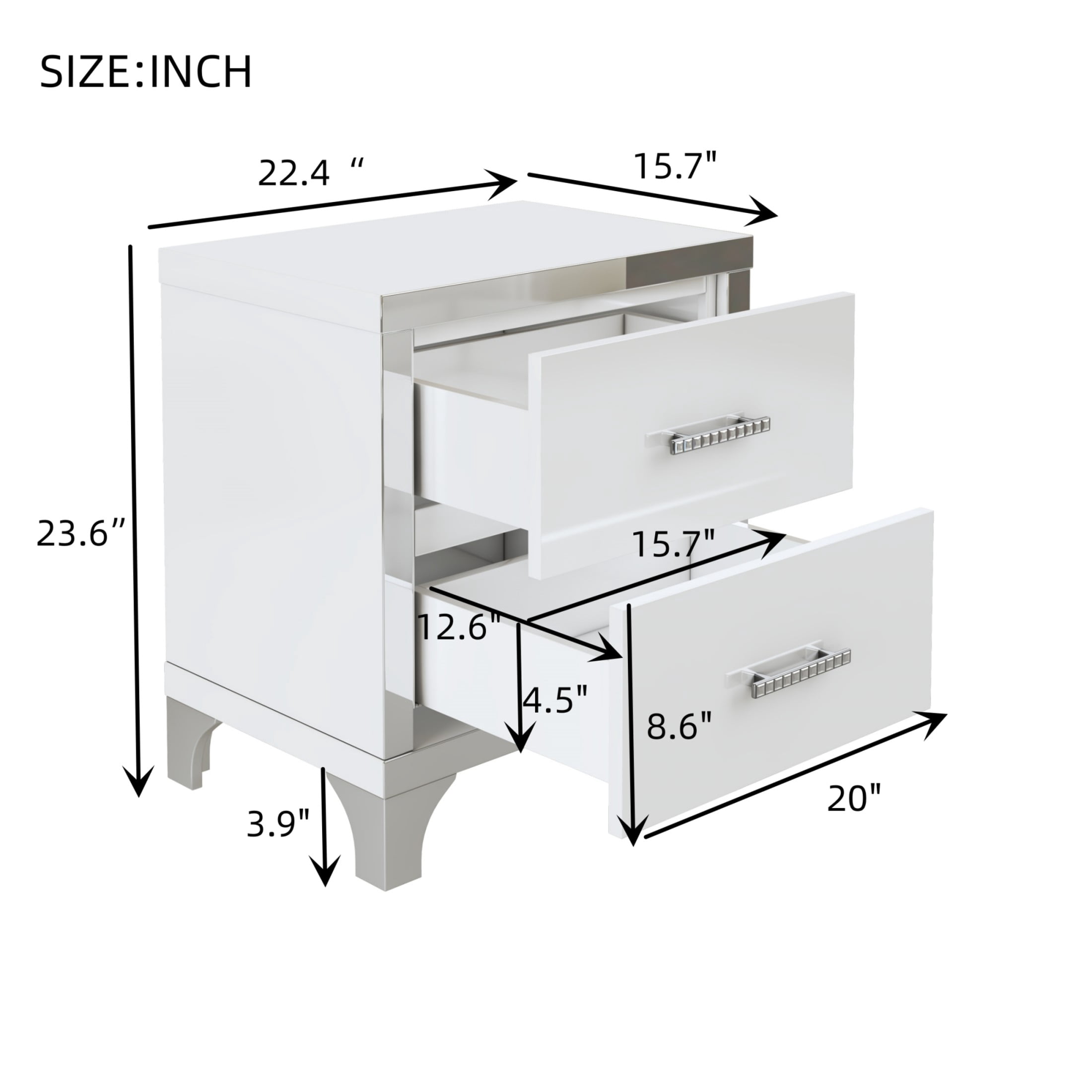 Noble House High Gloss Nightstand with 2 Drawers, Metal Handles and Legs, White