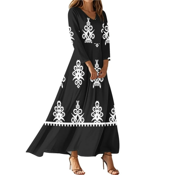 Elegant Long Dresses For Women 2025 Long Sleeve V Neck Vintage Tunic WaistedMaxi Dress Floral Printed Beach Clothes Trendy Boho Dresses
