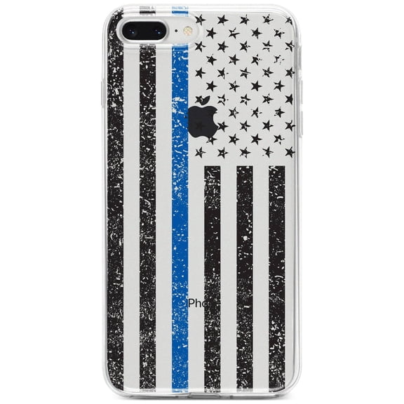 DistinctInk Clear Shockproof Hybrid Case for iPhone 7 PLUS / 8 PLUS (5.5" Screen) - TPU Bumper, Acrylic Back, Tempered Glass Screen Protector - Weathered Thin Blue Line US Flag Law Enforcement Support