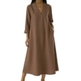thumbnail image 2 of ClodeEU Women's Summer Linen Blend 3/4 Sleeve Dress ,Casual Loose Fit Midi Dress Brown,Womens Plus L, 2 of 7