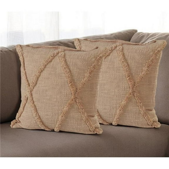 HomeRoots 554589 Tan Diamond Cotton Throw Pillow with Fringe - Set of 2