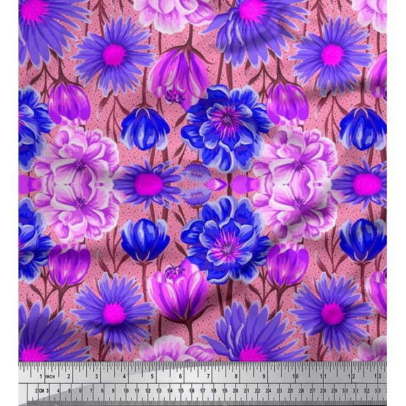 Soimoi Poly Georgette Fabric Peony,Tulip & Aster Floral Printed Fabric 1 Yard 52 Inch Wide