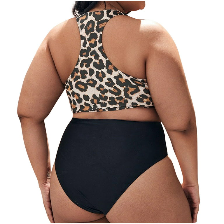 ZQGJB Plus Size Womens Two Piece Zip Front Bikini Leopard Print Swimsuits  High Waist Sporty Bathing Suit Tummy Control Swimwear with Side Bowknot  Bottoms Brown,4XL 
