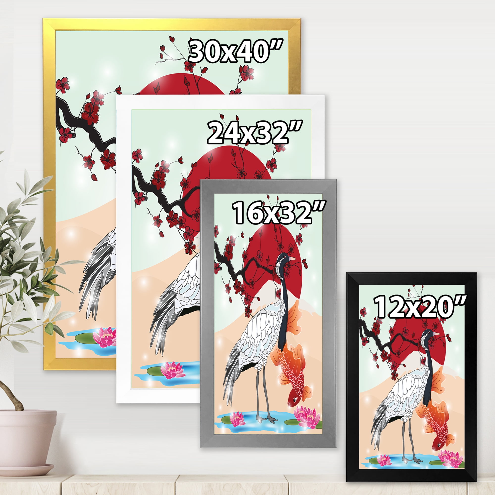 Designart 'Koi Fish With Crane Bird' Farmhouse Framed Art Print