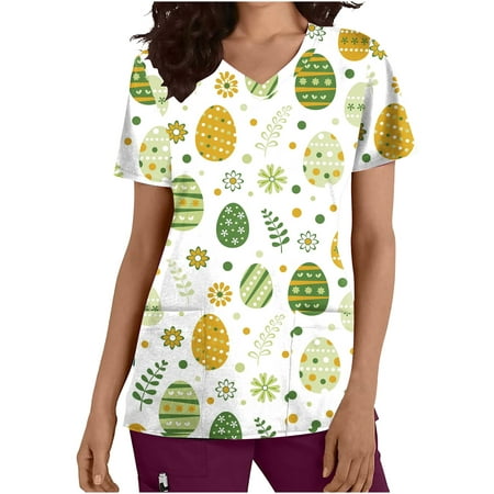 

Trendy Teen Girl Tops 2023 Ladies Easter Bunny Spring Tops Short Sleeve T-Shirts V Neck Summer Scrubs Blouses