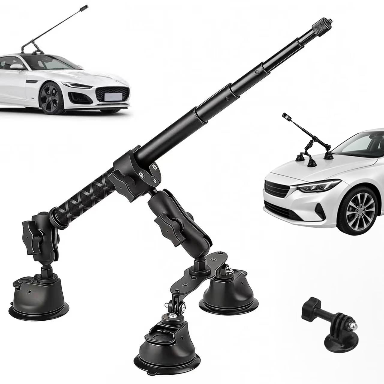 Triple Suction Cup Car Mount with 44.9" Extendable Pole, Action Camera Vehicle Mount Compatible with Insta360 X5 X4 X3, GoPro Hero 13 12 11 and DJI Osmo Action