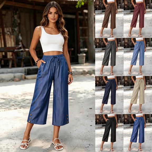 ibiyuan Summer Pants Women High Waist Wide Leg Cotton Palazzo Pants for Women Cropped Trousers Drawstring Cotton Lounge Pants Women Summer Beach Vacation Clothes