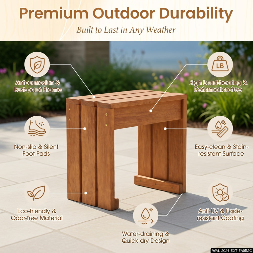 Hommoo Wood Backless Garden Bench for Patio, Balcony & Indoor Use, Compact Single-Seat Outdoor Bench, Easy Assembly, Natural