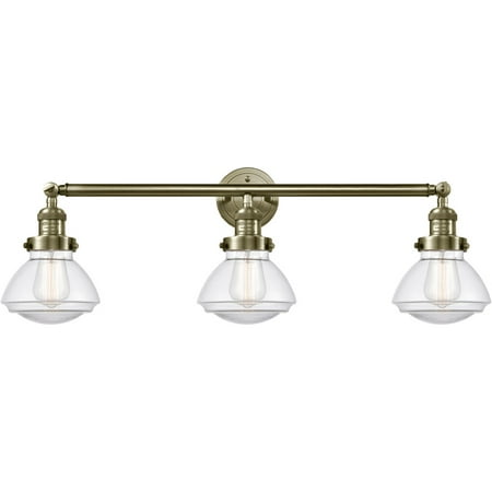 

Antique Brass Tone Bathroom Vanity 31 Wide Steel/Cast Brass/Glass Medium Base 3 Light Fixture