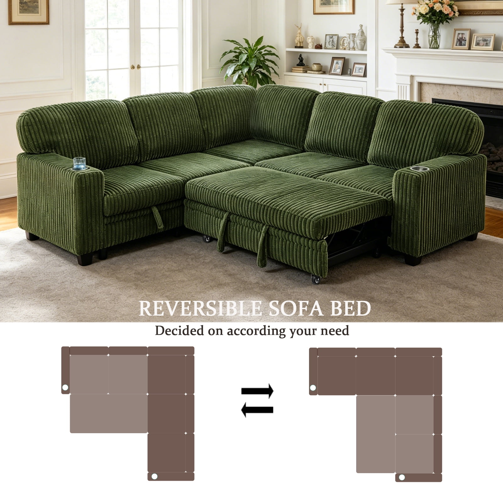 Gewnee L-Shaped Sectional Sofa,Modern Corduroy Modular Sofa with Storage Function,USB‑C Charging Ports & Cup Holders,Pull Out Couch for Living Room,Olive Green