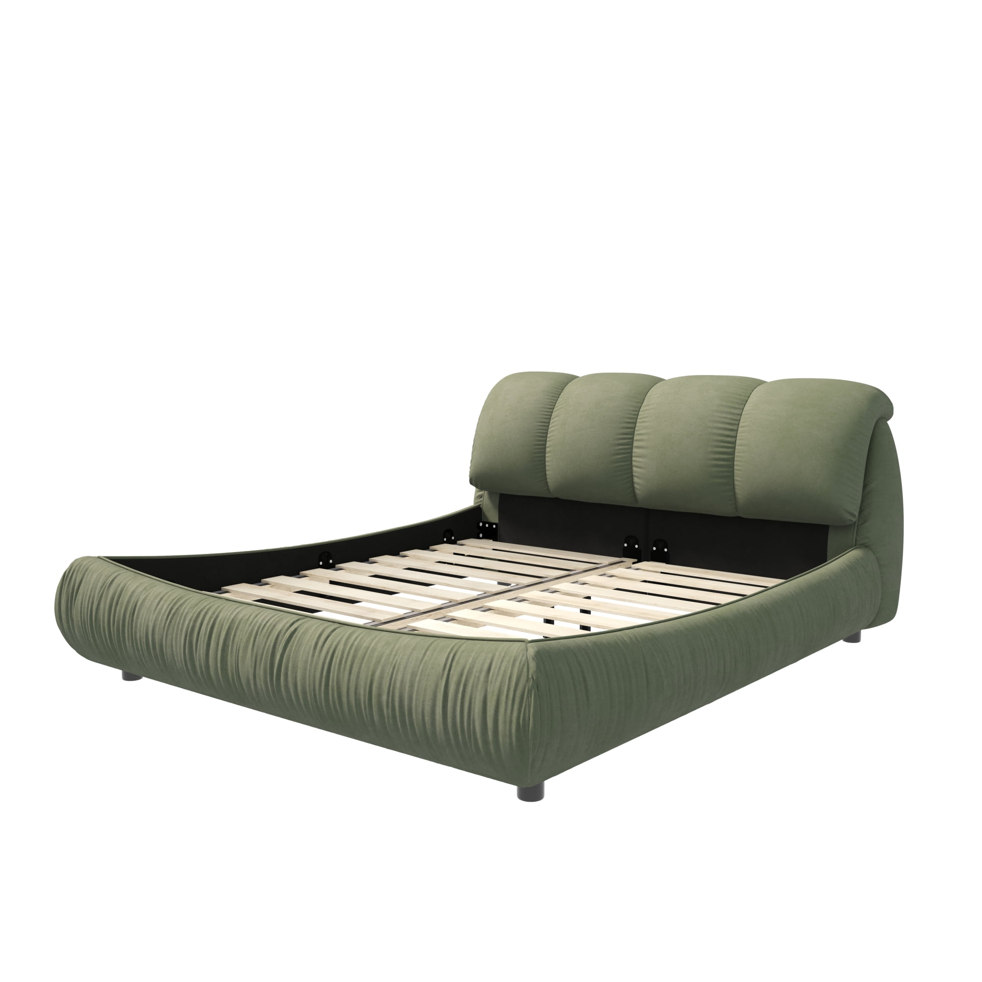 King Size Upholstered Platform Bed with Oversized Padded Backrest, Luxury Low Profile Bed with Solid Wood Frame and Slats Support for Bedroom