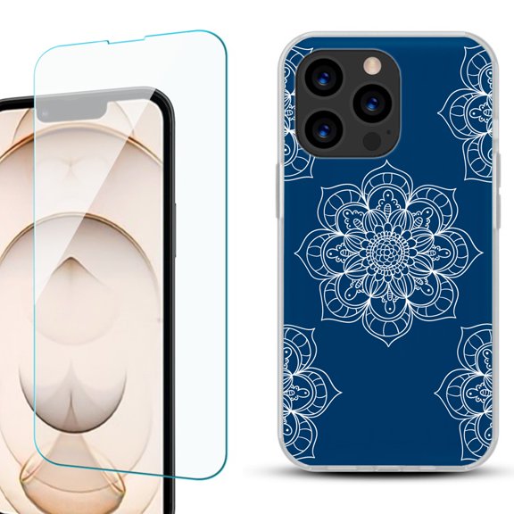 Slim-Fit Anti-Scratch Gel TPU Phone Case for iPhone 13 Pro, with Tempered Glass Screen Protector, by OneToughShield ® - Mandala / Blue