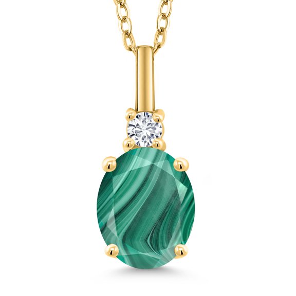 Gem Stone King 18K Yellow Gold Plated Silver Green Malachite and White Diamond Pendant Necklace for Women (2.57 Cttw, Gemstone Birthstone, Oval 9X7MM, with 18 inch Silver Chain)