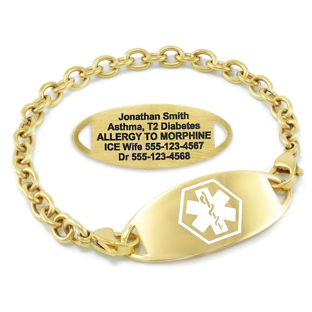 MedicEngraved Yellow Gold Stainless Steel Custom Medical Alert Bracelet - 5mm Oval Link