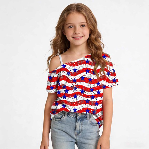 Odeerbi Toddler Kids Girls 4th of July One Shoulder T-Shirt Short Sleeve Independence Day Graphic Tops