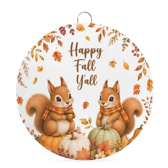 Welcome Sign for Front Door, Thanksgiving Squirrel Round Metal Wall Art Wreaths, Fall Pumpkins Autumn Botanical Outdoor Indoor Wall Hanging Sign for Porch Decor Housewarming Gifts 7.9 Inch