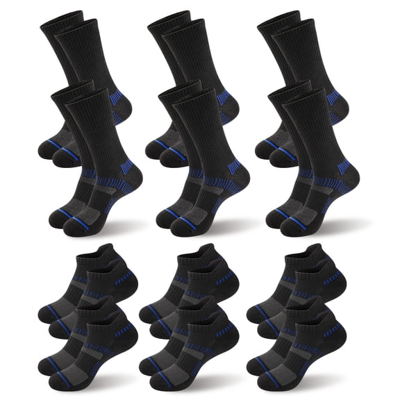 COOPLUS Mens's Cushioned Athletic Socks 12 Pairs, Ankle & Crew Socks, Moisture Wicking Breathable Casual Socks