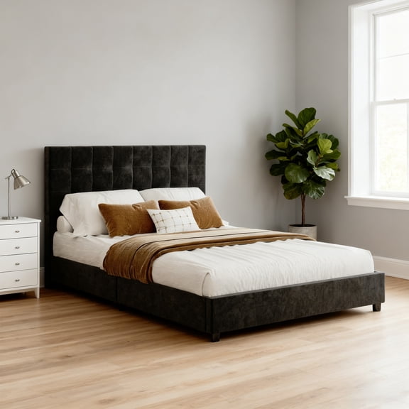 King Bed Frame with 4 Storage Drawers, Black King Size Bed Frame with Headboard, Mattress Foundation Upholstered Bed Frame with Wood Slat Support, No Spring Box Needed