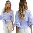thumbnail image 7 of Inevnen Women's 3/4 Long Sleeve V Neck Ruffle Blouse Off Shoulder Tie Waist Wrap Tops, 7 of 7