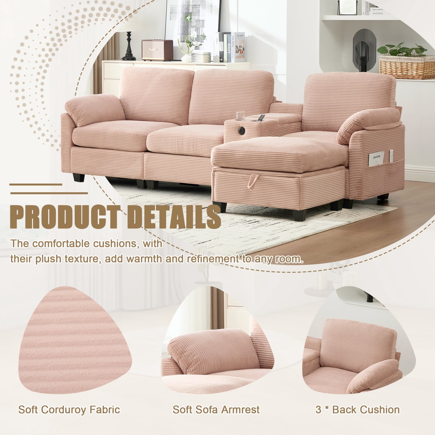 Leumius L-Shaped Sectional Sofa for Living Room,105" Modular 4-Seater Upholstered Sofa Couch with Cup Holder/USB Interface/Storage Box,Pink