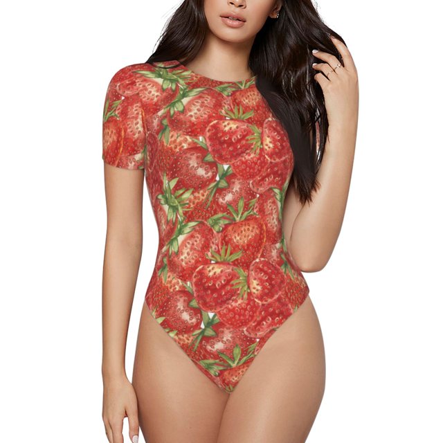 Fotbe Strawberry Body de Mujer con Cuello Redondo y Mangas Cortas, Sin Mangas Ajustado, Suave, Cómodo y Básico-Small