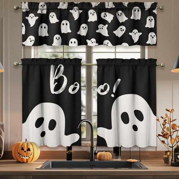 Halloween Kitchen Curtains Valances and Tiers 3 Piece Set,Boo Ghost Spooky Rod Pocket Short Tier Curtain Over Sink Window,Farmhouse Cafe Black Curtains for Kitchen Decor 36 Inch