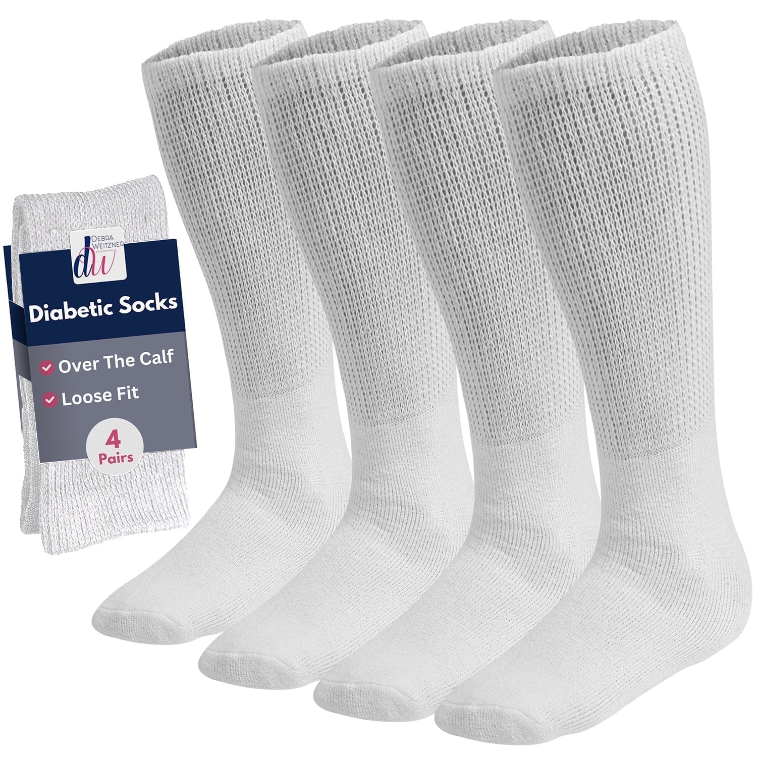 Men’s and Women’s Diabetic Knee High Socks, Loose Fit Cotton Over-the-Calf Style, 4 Pairs