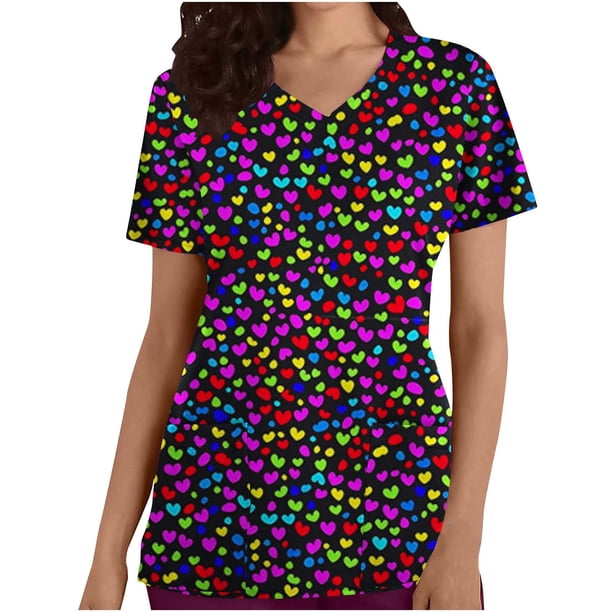 TaTaai Valentine Day Print Women Scrub Top Pure Cotton Loose Fit Short Sleeve V Neck Patch Pocket Soft Stretch Medical Work Casual Wear Gift