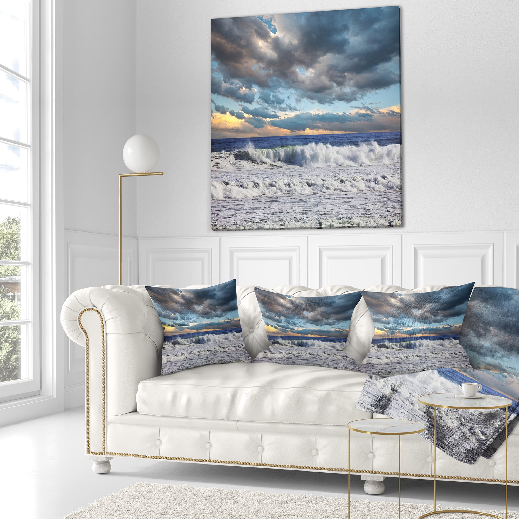 Designart Heavy Storm in Ocean at Sunset - Modern Beach Throw Pillow - 16x16