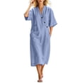 thumbnail image 5 of Ovbmpzd Summer Long Boho Beach Dresses for Women Linen Loose Sundresses Blue V-Neck Short Sleeves T-Shirt Dresses With Pockets,S, 5 of 6