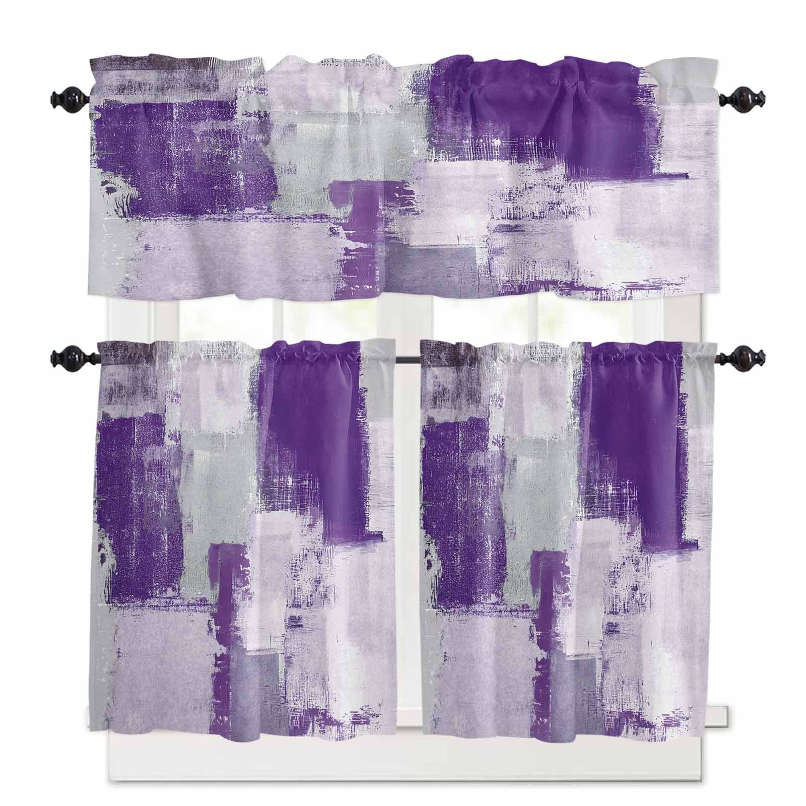 Purple Grey Abstract Kitchen Curtains and Valances Set Modern Graffiti Brush Art Rod Pocket Window Valance 18 Inch Window Curtain Panels for Living Room Bedroom Laundry 27.5x36in 3 Pieces