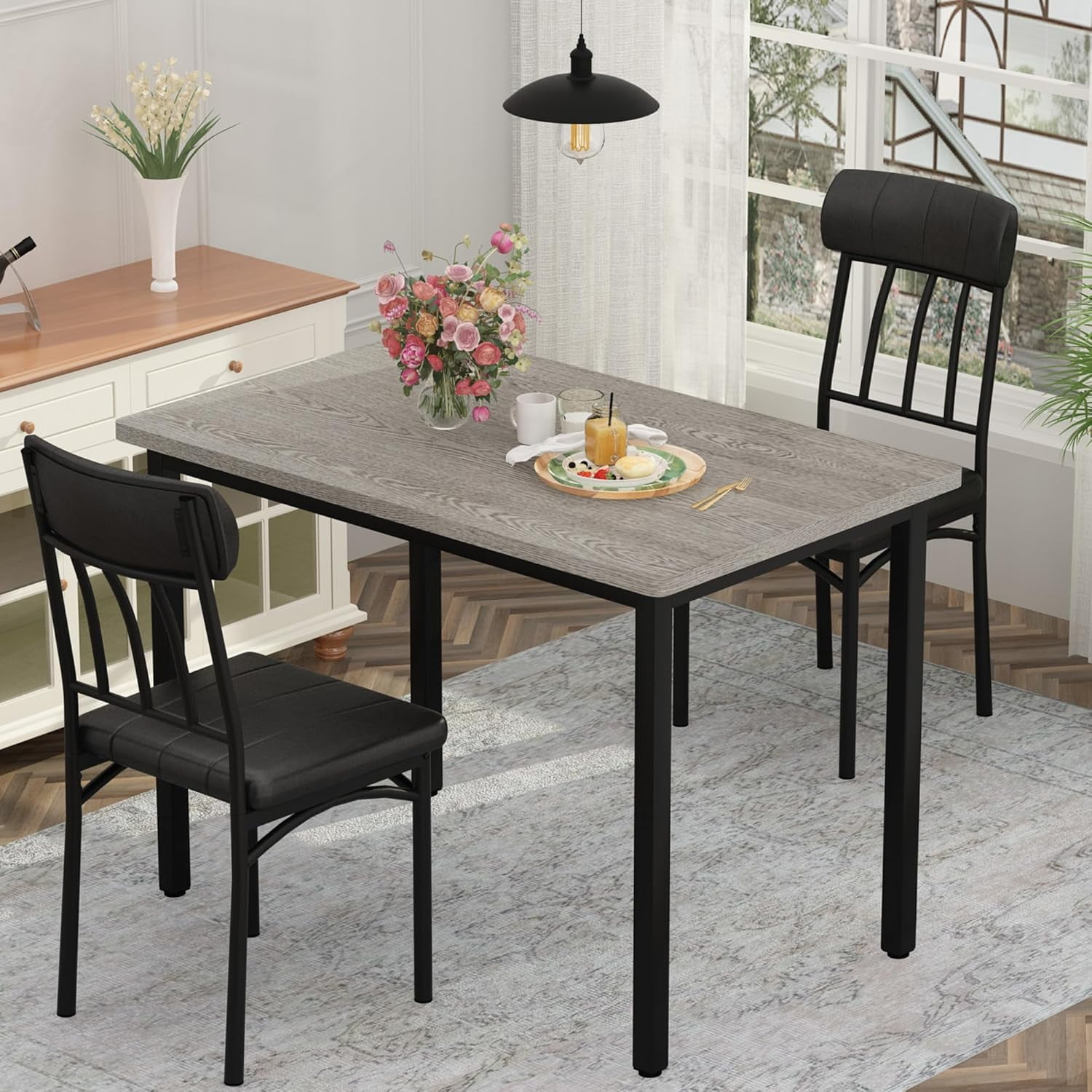 Baxluxe 2-Person Dining Table Set for 2, Small Rectangle Kitchen Table with 2 Backrest Dining Chairs, 3 Pieces Industrial Dining Table and Chairs Set, Wooden Dinette Set for Small Space, Gray