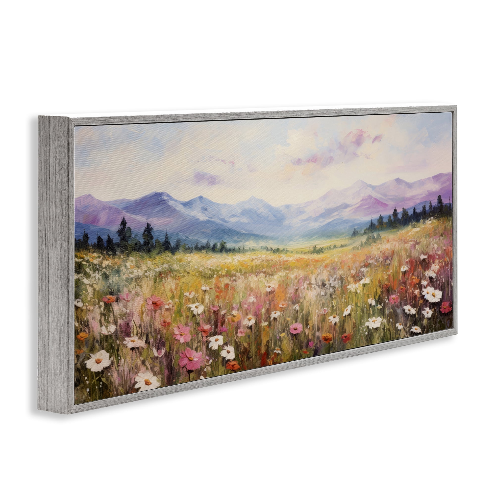 Stupell Industries Mountainous Daisy Meadow Landscape Painting Gray Framed Art Print Wall Art, 24 x 10