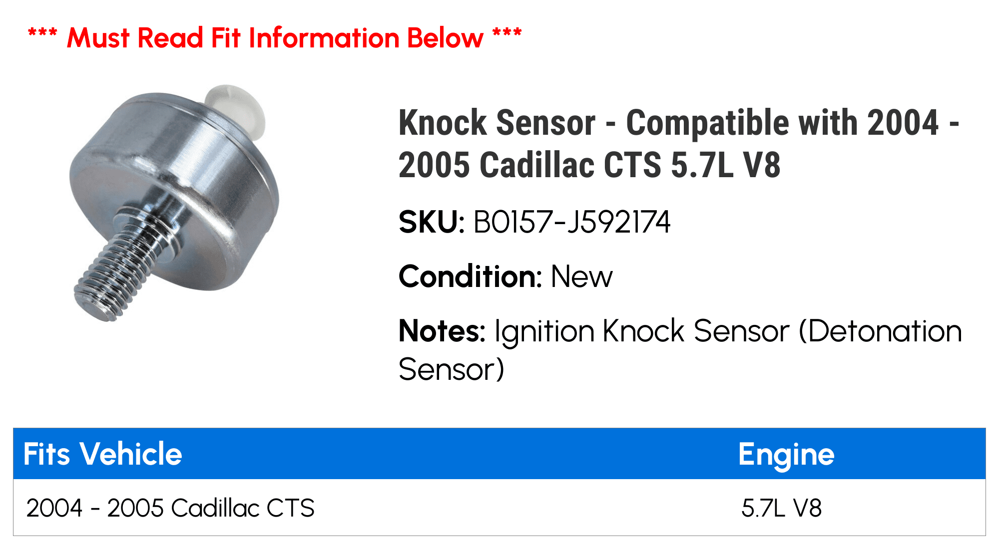 Knock Sensor - Compatible with 2004 - 2005 Cadillac CTS 5.7L V8