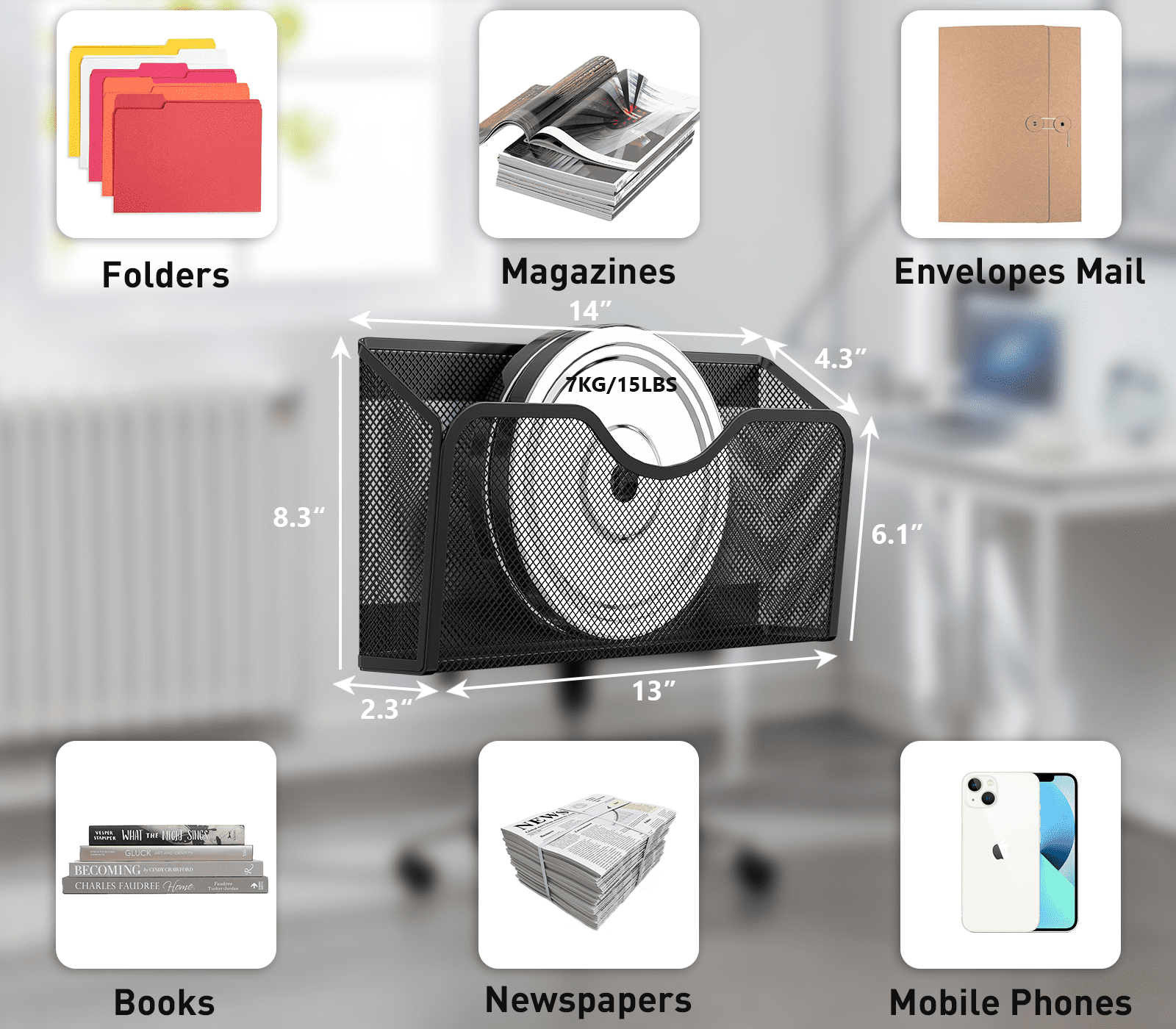 Magnetic File Holder 3PCS File Paper Mail No Drilling Wall Storage for Office Desk Home Study Workspace Magazines Documents Black