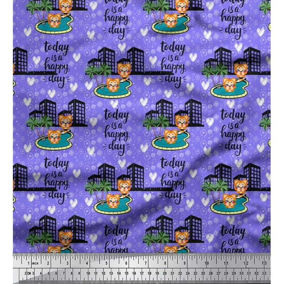 Soimoi Silk Fabric Swimming Pool,Cartoon & Buildings Architectural Print Fabric by the Yard 42 Inch Wide