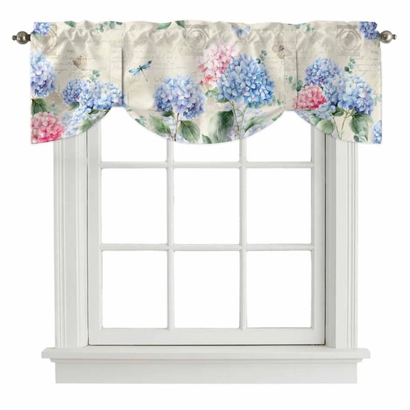 Tie Up Valances for Windows, Blue Hydrangea Adjustable Valance Curtains Window Treatment for Living Room, Pink Flowers Spring Botanical Country Plants Rod Pocket Kitchen Curtains & Drapes 42x12 Inch