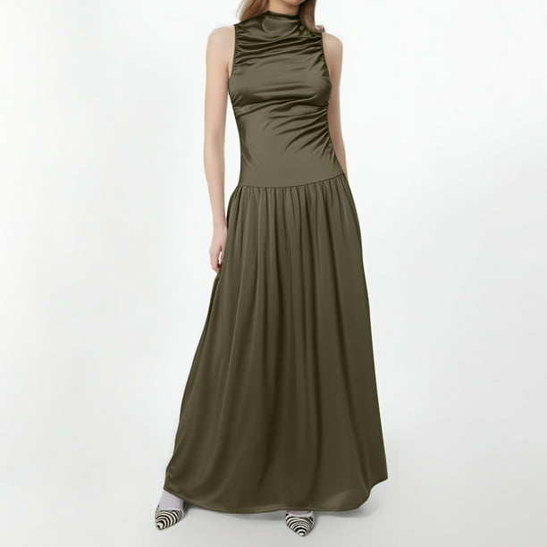 WILLBEST Vestido De Mujer A La Moda Belleza De Color Sólido Sin Mangas Plisado Ajustado Cintura Falda Vestido