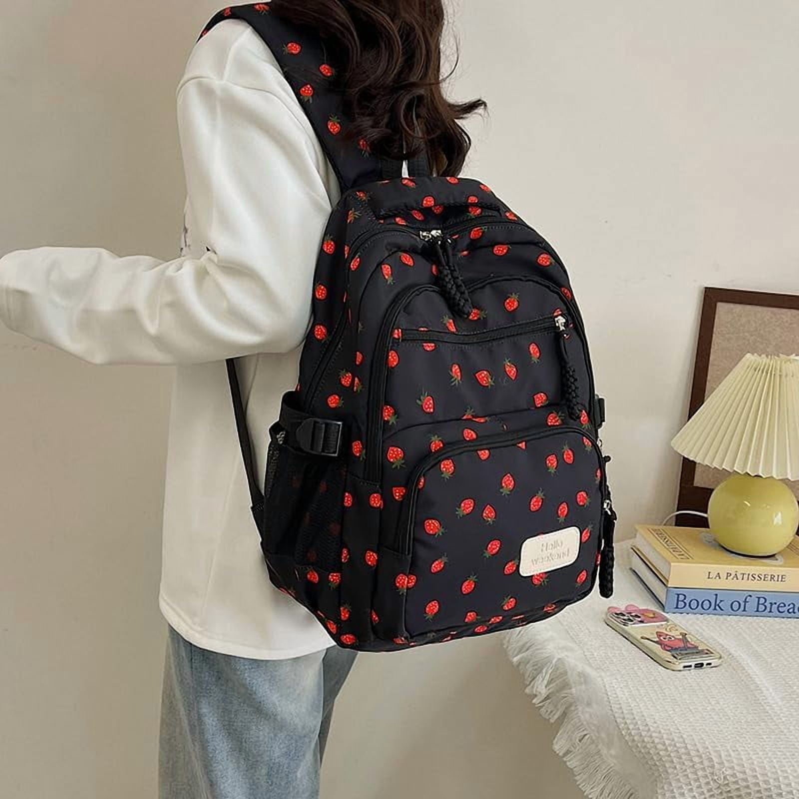 Lohol Coquette Aesthetic Backpack - Cute Kawaii Bow Rucksack for Women, Trendy & Lightweight Nylon Daypack (A02 Strawberry Black)