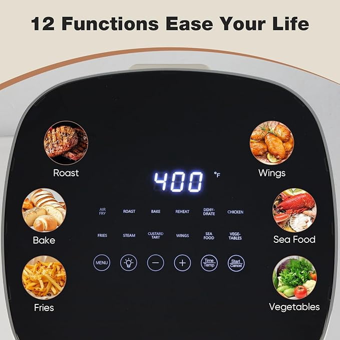 Sybels Air Fryer with Viewing Window, 6-Quart 12-in-1 Multi-Function Appliance for Air Frying, Roasting, Baking & Dehydrating, Black
