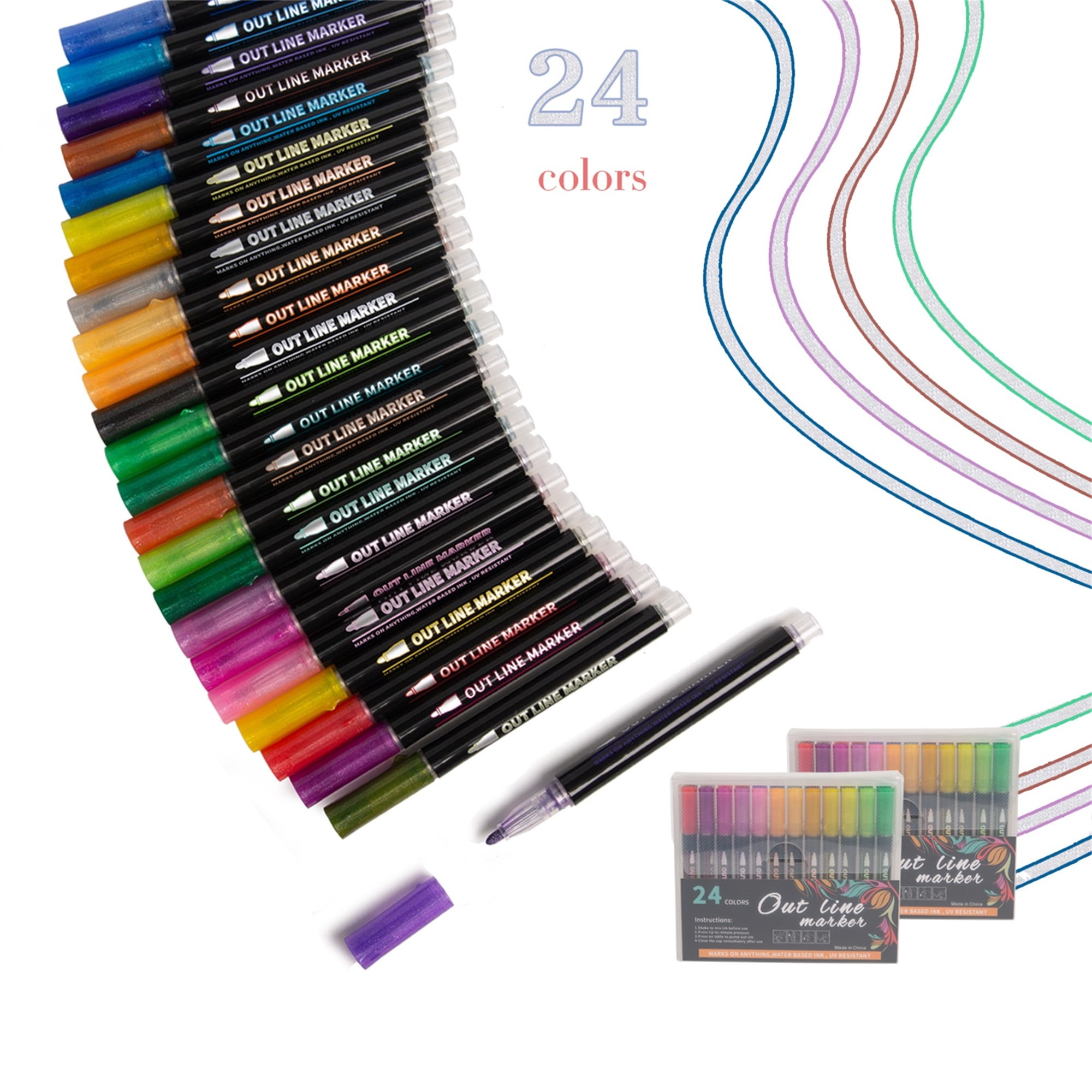 Caliart 24-Color Shimmer Markers Set, Double-Line Drawing Doodle Outli –  WoodArtSupply