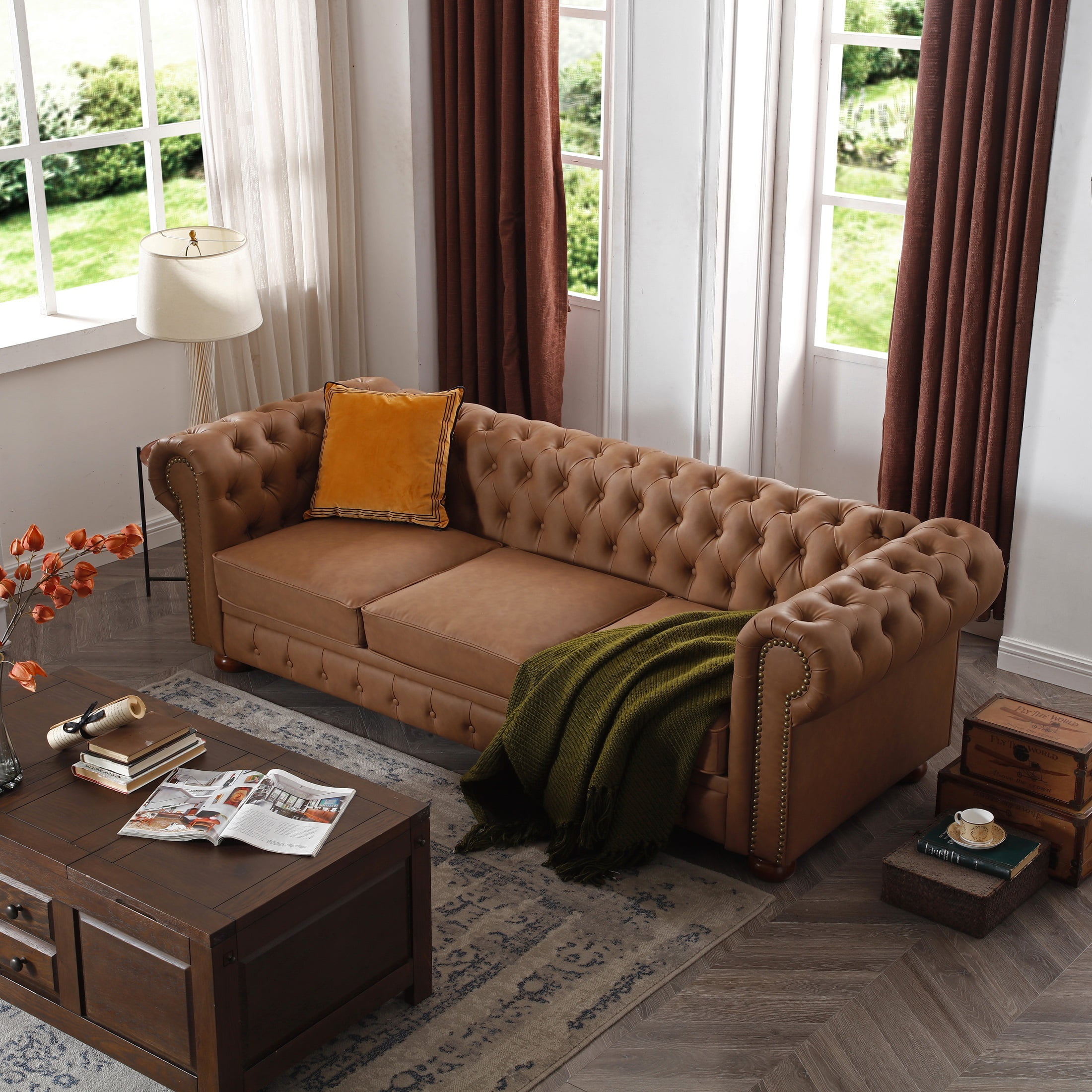 Noodeniya Chesterfield Sofa with Rolled Arms, Upholstered Sofa Padded Seat, Button Tufted Sofa with Nailhead Trim and Backrest, Faux Leather Couch, Brown