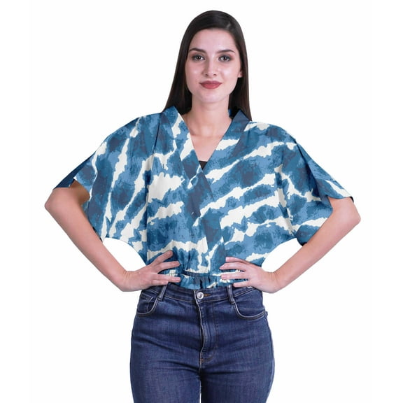 Moomaya Printed Boxy Sleeve Tops For Women V-Neck Elastic Waist Kimono Top