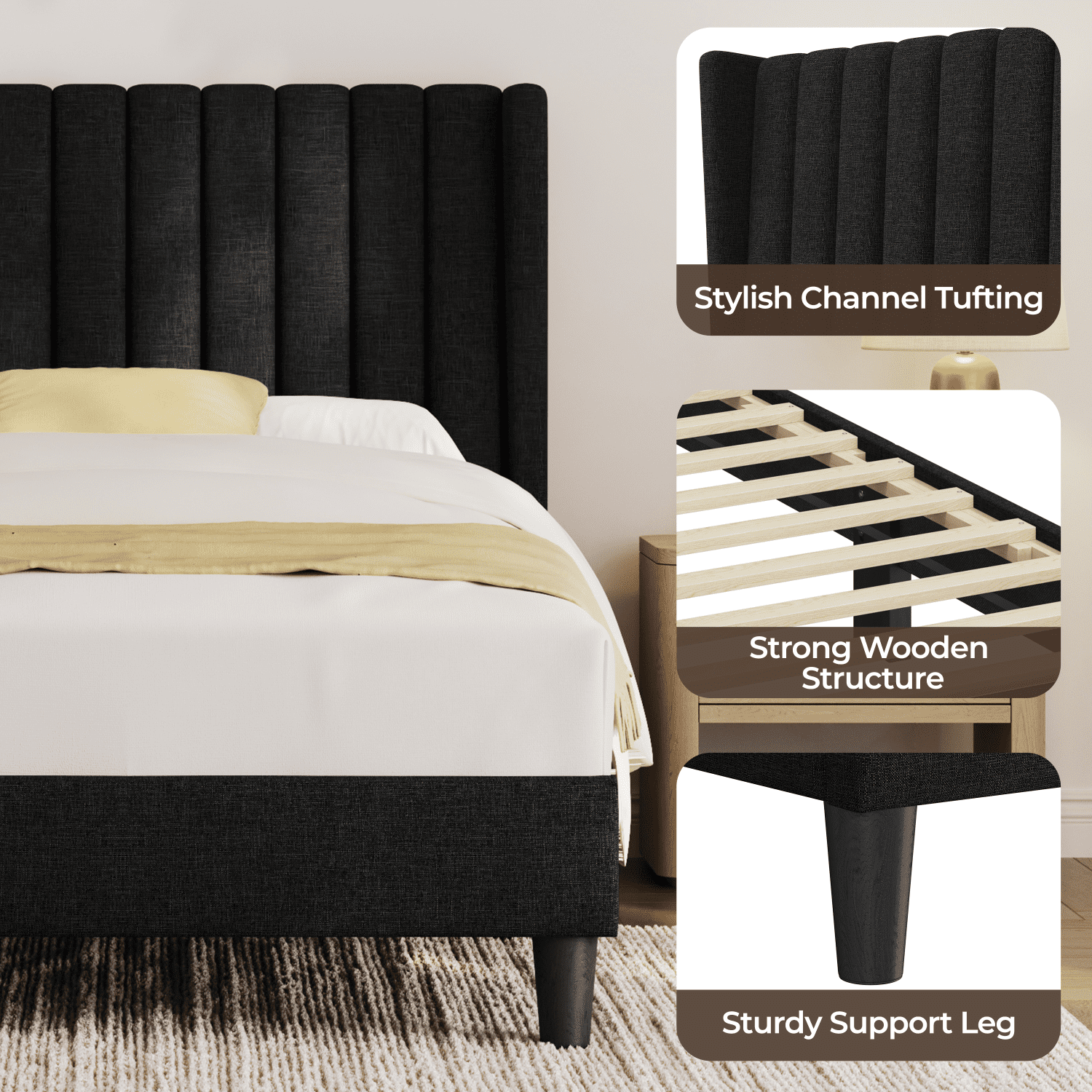 Renwick Twin Upholstered Bed Frame with Tufted Headboard, Black