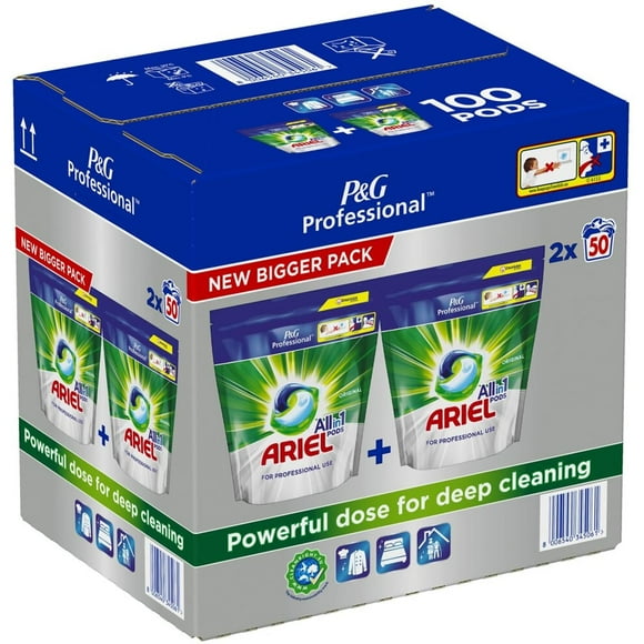 Ariel Professional All in One Liquipods 100 Washes - 2 Pack, Regular, Advanced Stain Removal, Convenient Pod Design, Effective Cleaning for Commercial Use