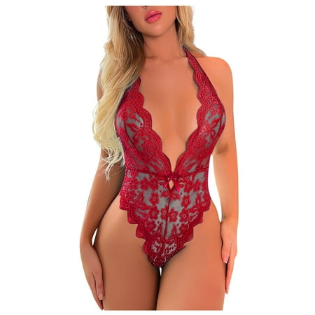 

BIZIZA Teddy for Women One Piece Bodysuit Babydoll Sexy Lingerie Backless Deep V Neck Lace Deep Red M
