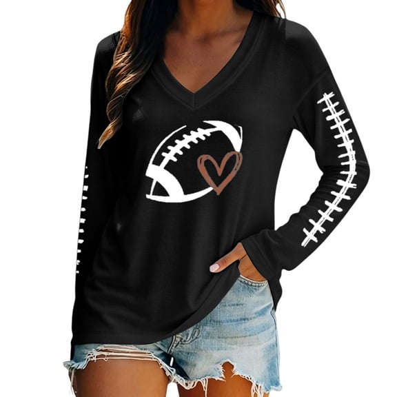BODOAO Women's Football Graphic Sweatshirt, Game Day Heart Football Pullover Hoodie, Crew Neck Long Sleeve Mom Shirt for Tailgate, Fall Sports and Casual Wear Black L