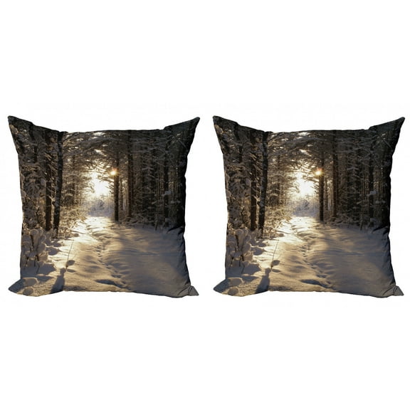 Ambesonne Winter Throw Pillow Cover 2 Pack, Christmas Snow Forest, 24", Brown Pale Yellow