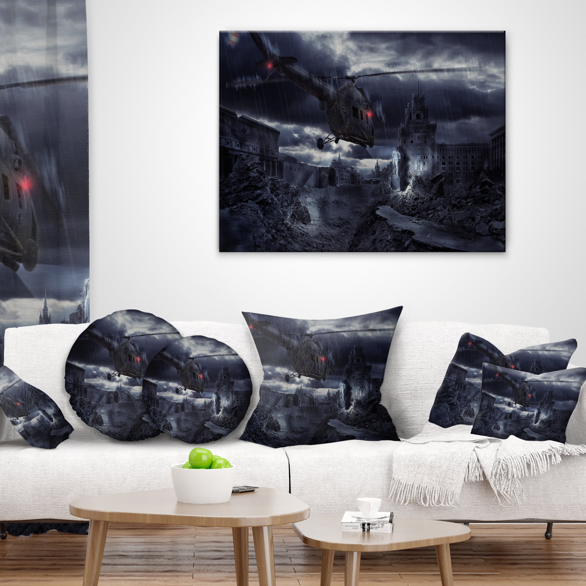 Designart Helicopter over Storm Ruined City - Photography Throw Pillow - 12x20